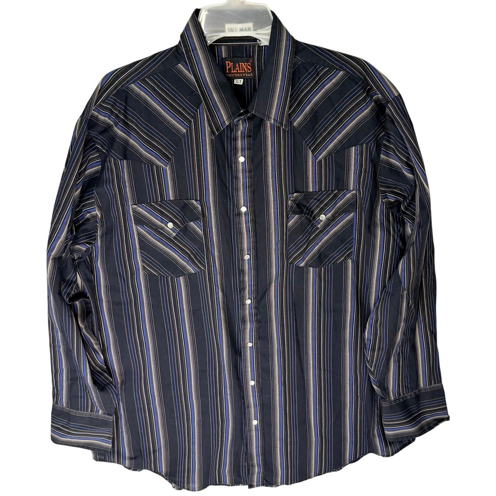Plains Western Wear Mens XLT Tall Black Striped Pearl Snap Long Sleeve Shirt